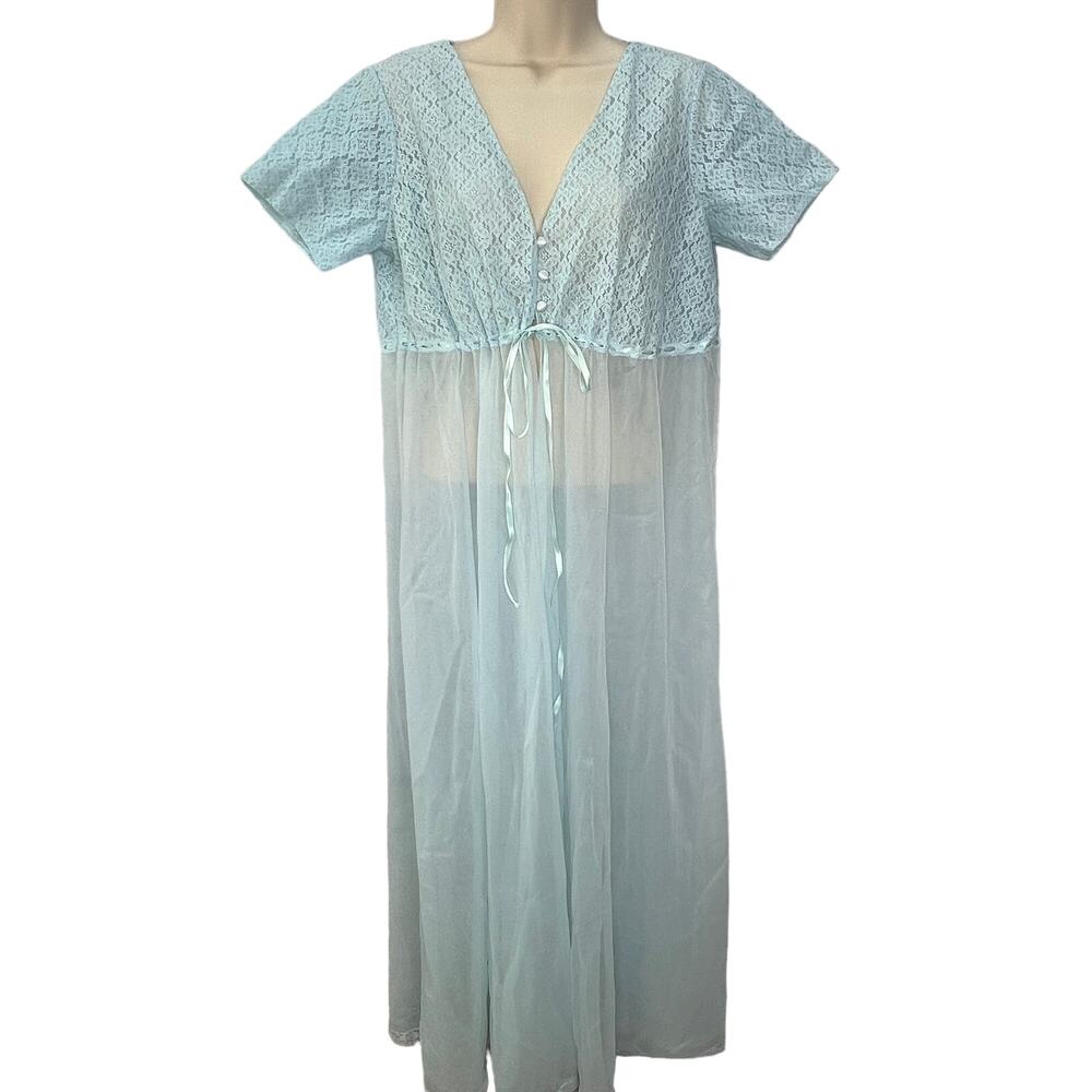 Vintage Pinehurst Lingerie Sheer Long Robe Dressing Gown Blue Size M Lace USA